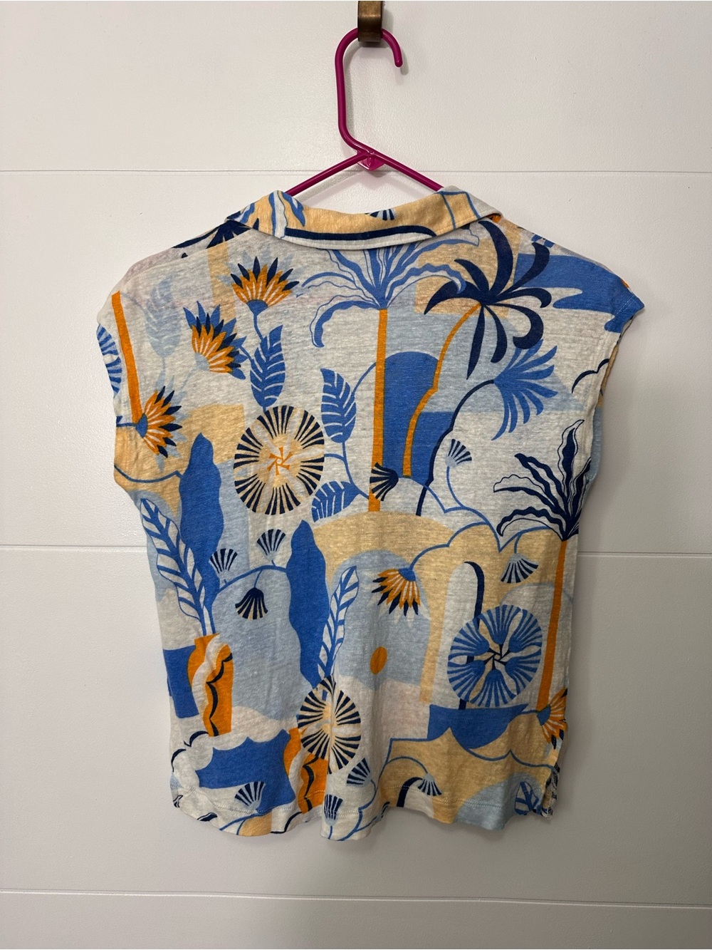 Nicole Miller 100% Linen Blue Floral Tropical Print Cap-Sleeve Collar Top Size S - Picture 6 of 6